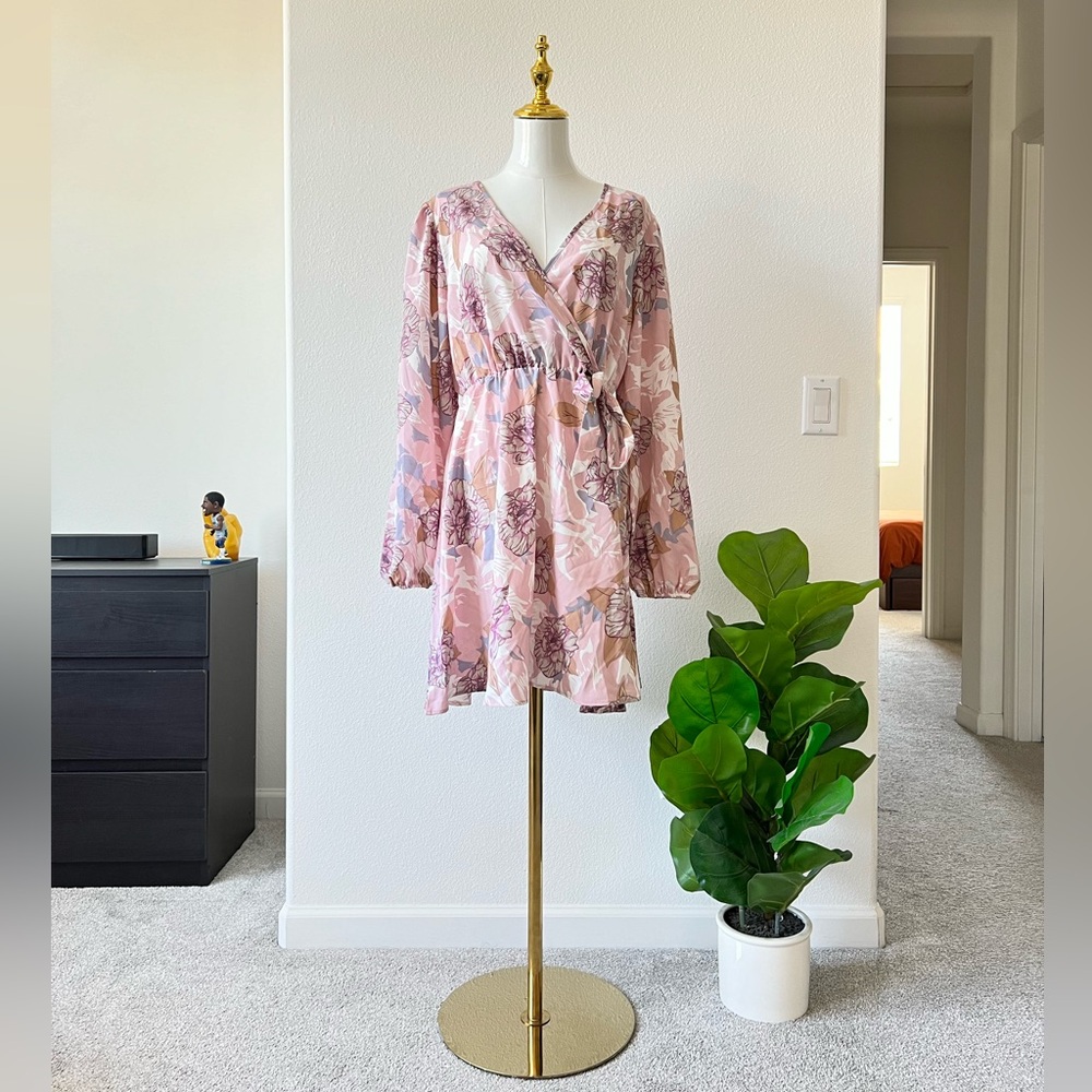 Pink Floral Fit and Flare Surplice Neck Dress L
